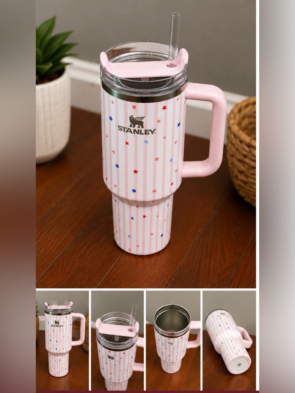 Stanley Pink Star Stripe Insulated Travel Tumbler with Handle